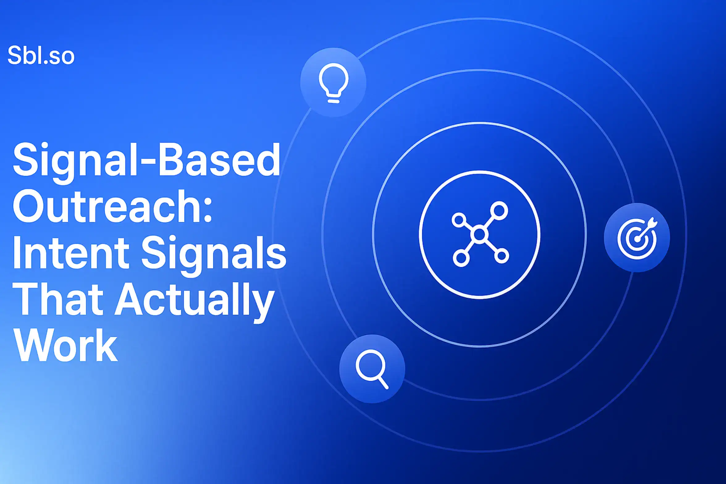 **Style A - Orbital/Icon Design:** "Signal-Based Outreach: Intent Signals That Actually Work - 2560x1440px, 'Sbl.so' text branding (32px, white, top left), large white headline (72-80px bold) on left with generous padding, network icon at center surrounded by concentric circular orbits with floating icons representing various intent signals (lightbulb, target, magnifying glass, signal waves), minimalistic orbital diagram with meaningful tech icons, soft gradient background blending #3657D5 royal blue, light azure, and navy tones, 80px padding from all sides, NOT transparent, dreamy atmospheric aesthetic --ar 16:9" **Gradient Color Palette**: - Light tones: Sky blue, periwinkle (#A8BCFF), pale azure - Core: #3657D5 (brand blue) - Deep tones: Navy (#1E3A8A), deep cobalt, midnight blue