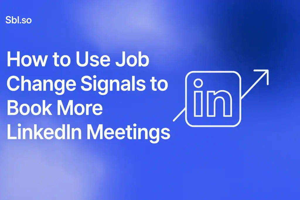 "How to Use Job Change Signals to Book More LinkedIn Meetings - 2560x1440px, 'Sbl.so' text branding (32px, white, top left), large white headline (72-80px bold) centered with ample padding, LinkedIn logo in a minimalistic line art style placed on the right alongside an upward arrow icon signifying growth through job change signals, soft cloudy gradient background blending core #3657D5 royal blue, light periwinkle, pale azure, and deep navy tones, dreamy atmospheric aesthetic, 80px padding from all sides, NOT transparent, clean professional composition --ar 16:9"