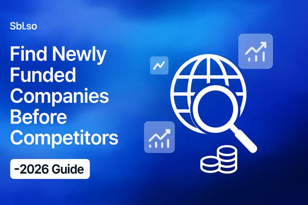 "Find Newly Funded Companies Before Competitors - 2026 Guide - 2560x1440px, 'Sbl.so' text branding (32px, white, top left), bold white headline (72-80px) on left with generous padding, central icon of a magnifying glass over a globe representing global search for funded companies, surrounded by small floating icons of financial graphs and stacked coins, soft cloudy gradient background blending #3657D5 royal blue, light azure, and deep navy tones, 80px padding from all sides, NOT transparent, dreamy atmospheric aesthetic --ar 16:9"
