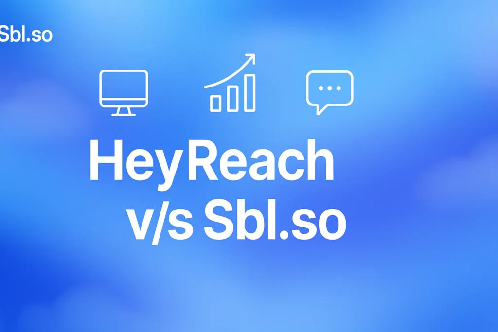 "HeyReach v/s Sbl.so - 2560x1440px, 'Sbl.so' text branding (32px, white, top left), large white headline (72-80px bold) reading 'HeyReach v/s Sbl.so' at center, minimalistic icons representing agency tools (computer monitor, graph, chat bubble) surrounding headline, dreamy soft cloudy gradient background blending #3657D5 royal blue, sky blue, and navy tones, 80px padding from all sides, NOT transparent, clean, modern design --ar 16:9"