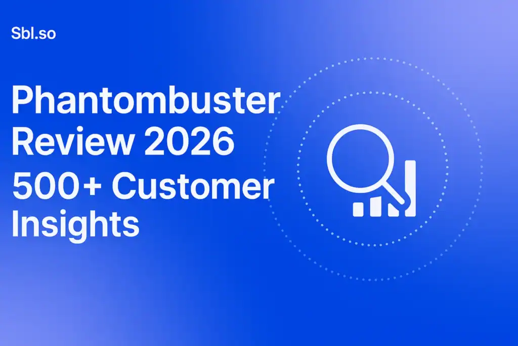 **Image Generation Prompt**: "Phantombuster Review 2026: 500+ Customer Insights - 2560x1440px, 'Sbl.so' text branding (32px, white, top left), large bold white headline (72-80px) positioned on the left with generous padding, centered minimalistic icon representing customer insights such as a magnifying glass or bar chart, orbital dotted pattern around the icon for a futuristic feel, soft gradient background blending #3657D5 royal blue, light periwinkle, and deep cobalt, creating a dreamy atmospheric aesthetic, 80px padding from all sides, NOT transparent, modern clean composition --ar 16:9"