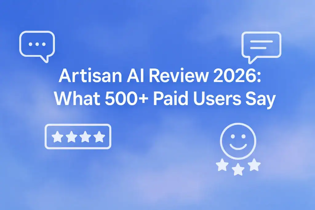 **Prompt for Image Generation**: "Artisan AI Review 2026: What 500+ Paid Users Say - 2560x1440px, large white bold headline (72-80px) centered at the top with generous padding, floating minimalistic icons of user review stars and chat bubbles below illustrating feedback concept, integrated into a soft cloudy gradient background blending #3657D5 royal blue with lighter sky blue and periwinkle tones, 80px padding from all sides, NOT transparent, dreamy and atmospheric aesthetic --ar 16:9" **Gradient Color Palette**: - **Light tones**: Sky blue, periwinkle (#A8BCFF), pale azure - **Core**: #3657D5 (brand blue) - **Deep tones**: Navy (#1E3A8A), deep cobalt, midnight blue Ensure icons are simple and meaningful to user reviews, arranged around the headline to maintain an uncluttered, modern design.