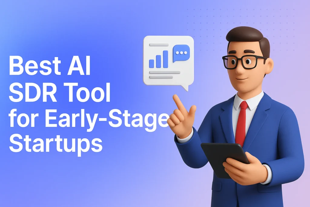 **Style C - 3D Character Illustration:** "Best AI SDR Tool for Early-Stage Startups - 2560x1440px, bold headline (72-80px) with key phrase 'Best AI SDR Tool' highlighted, 3D professional character on right analyzing data or interacting with a chatbot-like UI element, soft gradient background blending light blue (#E8EAF6), #3657D5, and lavender tones, subtle dot pattern accent, 80px padding from all sides, NOT transparent, modern friendly aesthetic --ar 16:9"