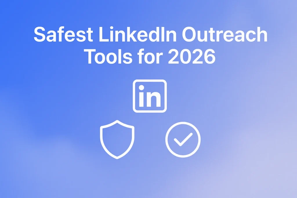 "Safest LinkedIn Outreach Tools for 2026 - 2560x1440px, centered headline (white, 72-80px bold) at top, feature icons of shield, LinkedIn logo, and a checkmark in a triangular layout below headline, minimalistic icon design representing safety and compliance, soft cloudy gradient background blending #3657D5 brand blue, periwinkle, and light azure, ample 80px padding from all sides, NOT transparent, clean professional aesthetic --ar 16:9"