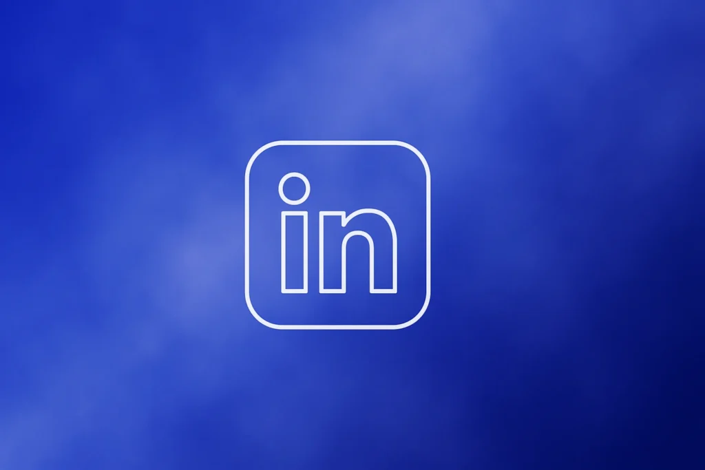**Style E - Centered Icon Minimal:** "Best LinkedIn Tool for Booking Meetings - 2560x1440px, single large white LinkedIn icon centered (minimalistic line art style), soft cloudy gradient blending #3657D5 royal blue, light periwinkle, pale azure, and deep navy, dreamy atmospheric aesthetic, 80px padding from all sides, NOT transparent, clean abstract composition --ar 16:9"