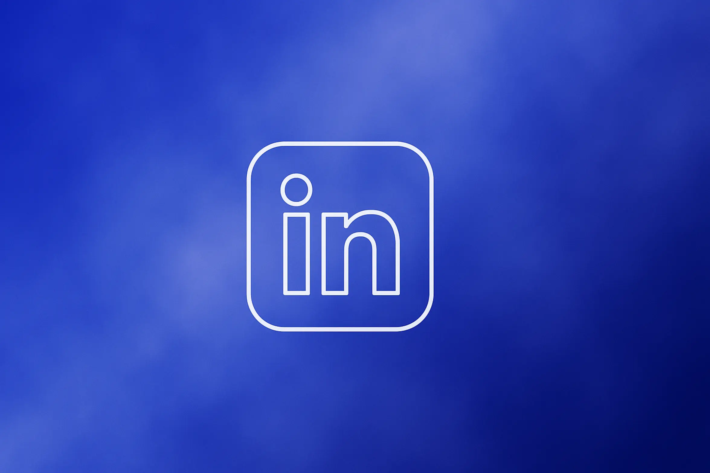**Style E - Centered Icon Minimal:** "Best LinkedIn Tool for Booking Meetings - 2560x1440px, single large white LinkedIn icon centered (minimalistic line art style), soft cloudy gradient blending #3657D5 royal blue, light periwinkle, pale azure, and deep navy, dreamy atmospheric aesthetic, 80px padding from all sides, NOT transparent, clean abstract composition --ar 16:9"