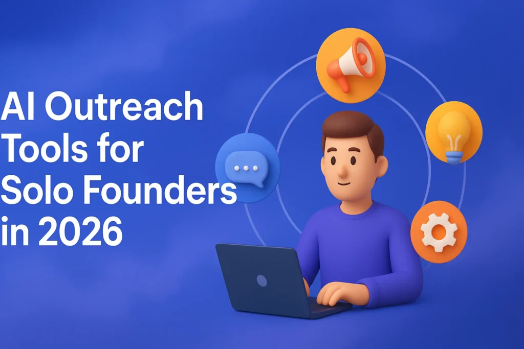 "AI Outreach Tools for Solo Founders in 2026 - 2560x1440px, bold headline (72-80px) in white on the left, with generous padding, a central floating illustration showing a 3D character representing a solo founder surrounded by orbital icons for various AI tools (megaphone, message bubble, gears, light bulb), soft cloudy gradient blending #3657D5 royal blue with shades of periwinkle and deep navy, dreamy atmospheric aesthetic, 80px padding from all sides, NOT transparent, modern and tech-savvy design --ar 16:9"