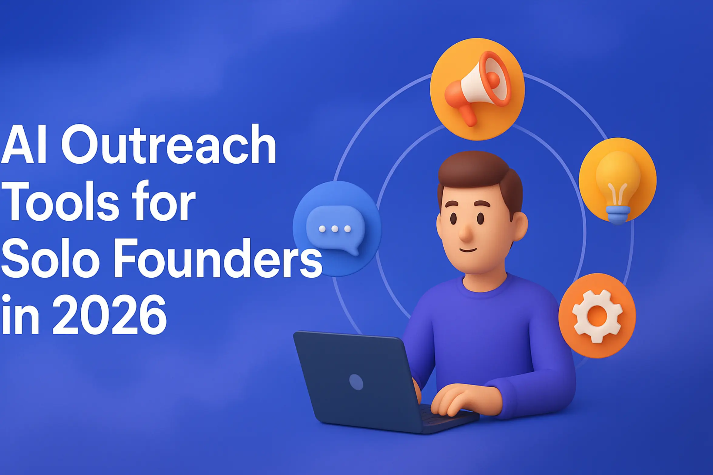 "AI Outreach Tools for Solo Founders in 2026 - 2560x1440px, bold headline (72-80px) in white on the left, with generous padding, a central floating illustration showing a 3D character representing a solo founder surrounded by orbital icons for various AI tools (megaphone, message bubble, gears, light bulb), soft cloudy gradient blending #3657D5 royal blue with shades of periwinkle and deep navy, dreamy atmospheric aesthetic, 80px padding from all sides, NOT transparent, modern and tech-savvy design --ar 16:9"