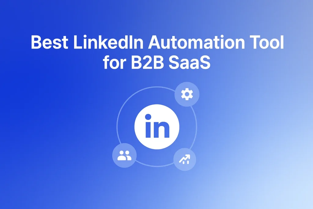"Best LinkedIn Automation Tool for B2B SaaS - 2560x1440px, centered bold white headline (72-80px) with 'LinkedIn Automation' prominently highlighted, minimalist orbital design with central white LinkedIn icon encircled by three smaller icons representing automation, insights, and B2B networking, dreamy gradient background blending #3657D5 royal blue, periwinkle, light sky blue, and navy tones, 80-100px padding all around, NOT transparent, clean modern aesthetic --ar 16:9"