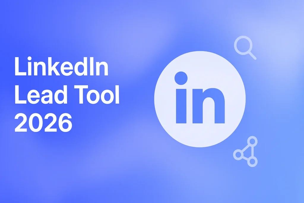 "Best LinkedIn Lead Generation Tool 2026 - 2560x1440px, large white headline (72-80px bold) on left reading 'LinkedIn Lead Tool 2026', single large white LinkedIn icon centered with smaller tech icons (magnifying glass, network diagram) orbiting around it, dreamy atmospheric aesthetic, soft gradient blending #3657D5 royal blue, periwinkle, and light sky blue, with 80px padding from all sides, NOT transparent, clean, modern abstract composition --ar 16:9"