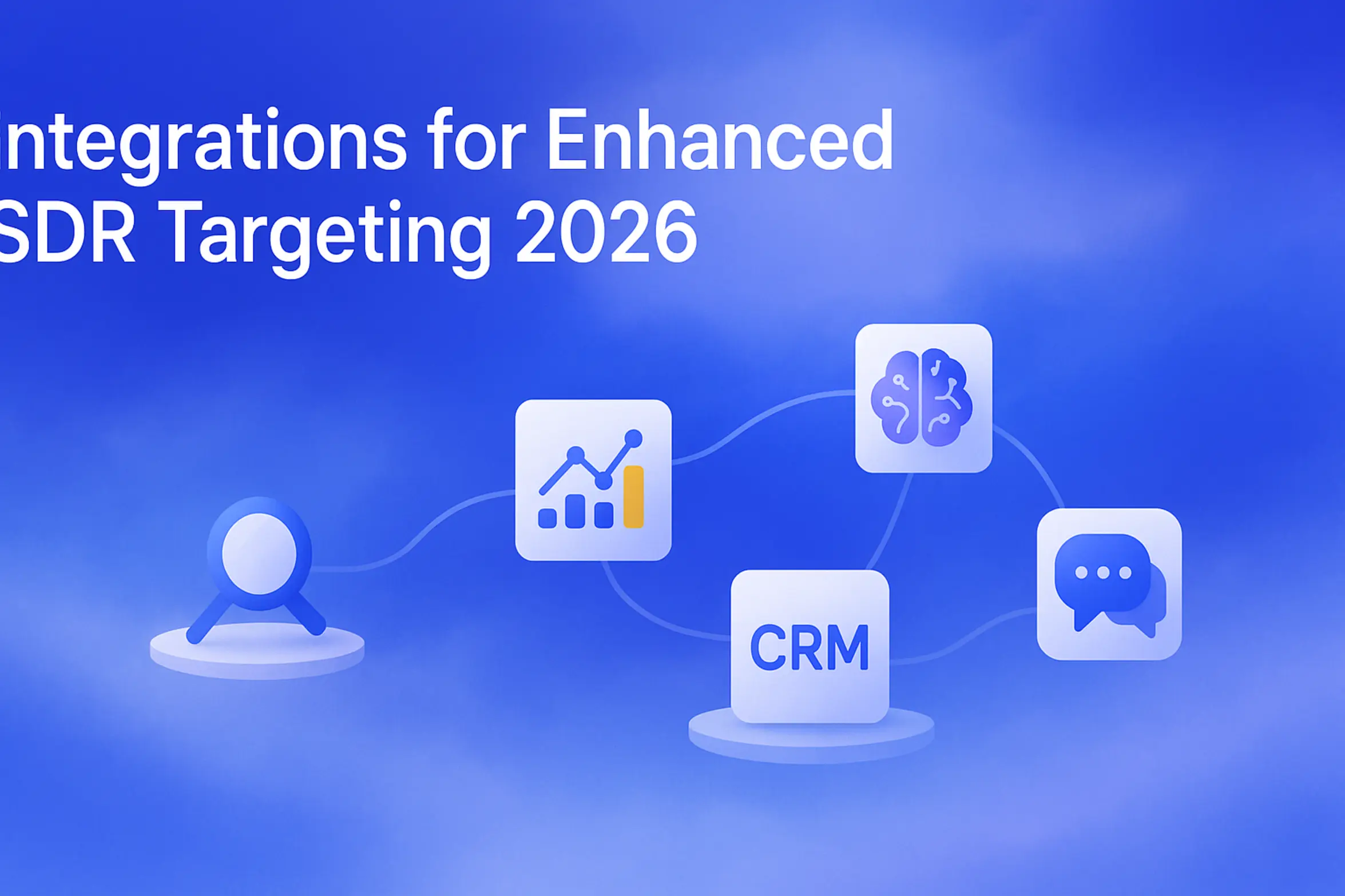 **Prompt for Image Generation**: "SDR Targeting Integrations 2026 - 2560x1440px, large white headline (72-80px) at the top left: 'Integrations for Enhanced SDR Targeting 2026', soft cloudy gradient background blending #3657D5 royal blue, periwinkle, pale azure, and deep navy tones, simple illustration of interconnected floating tech icons indicating integrations (magnifying glass, data chart, AI brain, CRM, and messaging bubbles), dreamy atmospheric aesthetic with 80px padding from all sides for clean composition, NOT transparent, depicting a network of enhanced targeting and lead optimization methods --ar 16:9"