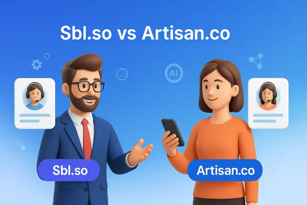 **Style C - 3D Character Illustration:** "Sbl.so vs Artisan.co - 2560x1440px, prominent centered headline (72-80px bold) 'Sbl.so vs Artisan.co', below the headline are two 3D professional characters interacting with virtual support agents on each side, one character associated with Sbl.so and other with Artisan.co through floating chat bubbles, cloudy gradient background blending #3657D5 royal blue, light azure, and deep cobalt, minimalistic tech icons surrounding characters representing AI, 80px padding from all sides, NOT transparent, modern competitive aesthetic --ar 16:9"