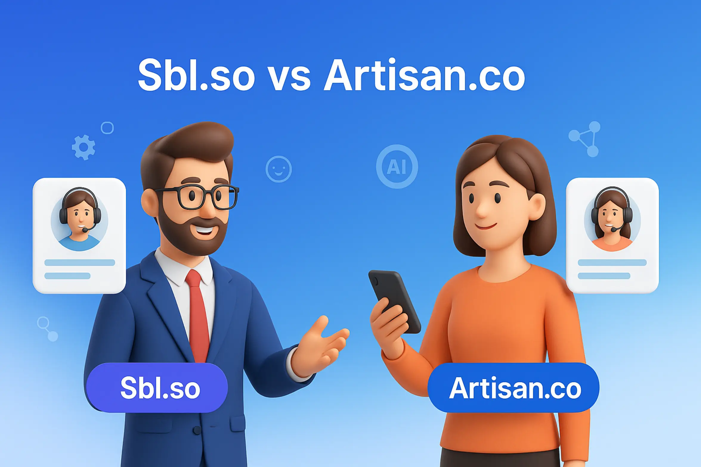 **Style C - 3D Character Illustration:** "Sbl.so vs Artisan.co - 2560x1440px, prominent centered headline (72-80px bold) 'Sbl.so vs Artisan.co', below the headline are two 3D professional characters interacting with virtual support agents on each side, one character associated with Sbl.so and other with Artisan.co through floating chat bubbles, cloudy gradient background blending #3657D5 royal blue, light azure, and deep cobalt, minimalistic tech icons surrounding characters representing AI, 80px padding from all sides, NOT transparent, modern competitive aesthetic --ar 16:9"