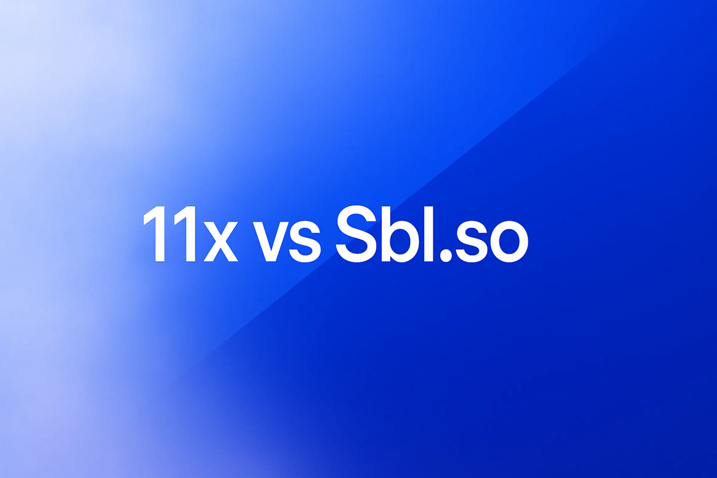 **Style E - Centered Icon Minimal:** "Sbl.so vs 11x - 2560x1440px, large white text '11x vs Sbl.so' centered, simple diagonal split with soft cloudy gradient on left for 11x and right for Sbl.so, gradient blending light sky blue, #3657D5 royal blue, periwinkle, and deep navy, clean abstract composition, 80px padding from all sides, NOT transparent, dreamy atmospheric aesthetic --ar 16:9" **Gradient Color Palette:** - **Light tones**: Sky blue, periwinkle (#A8BCFF) - **Core**: #3657D5 (brand blue) - **Deep tones**: Navy (#1E3A8A)