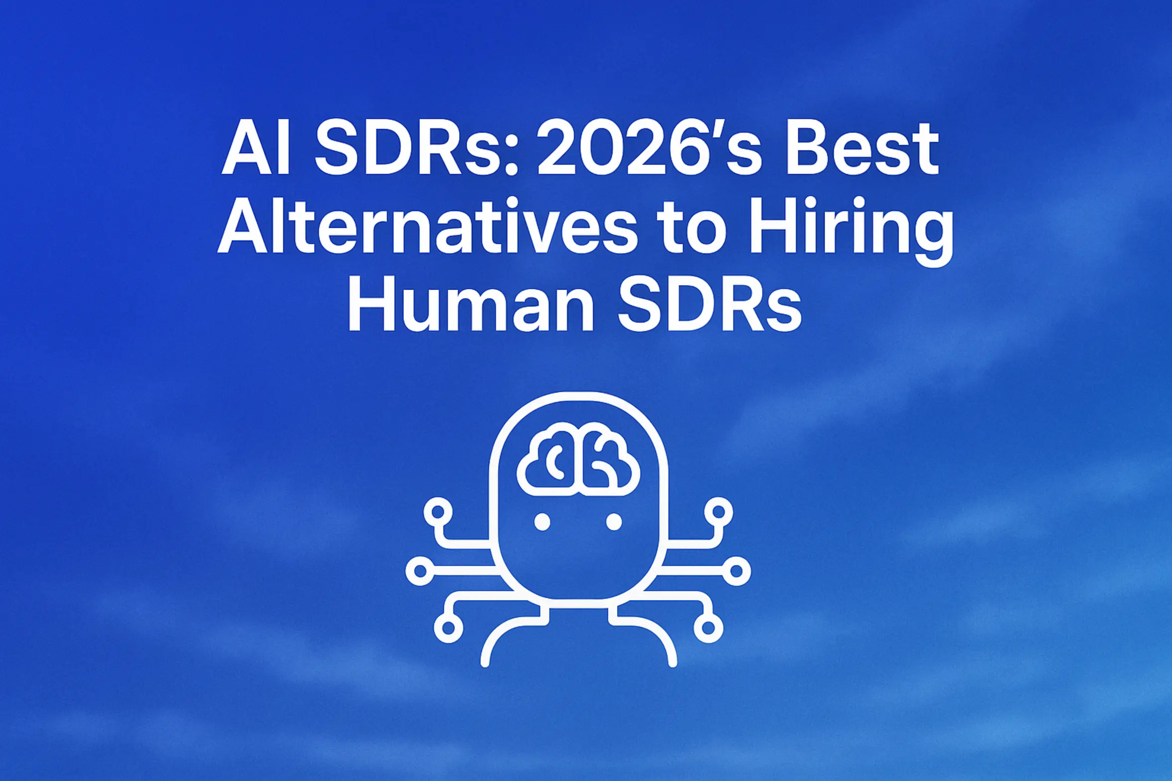 "AI SDRs: 2026's Best Alternatives to Hiring Human SDRs - 2560x1440px, large white headline (72-80px bold) at the upper third of the image, centered minimalistic icon of a chatbot or AI brain with digital network connections expanding outward, indicating advanced AI capabilities. The background is a dreamy atmospheric gradient blending #3657D5 royal blue, lighter sky blue, and deep navy. Add subtle soft cloud patterns for texture. 80px padding from all sides, NOT transparent, modern and futuristic aesthetic --ar 16:9"
