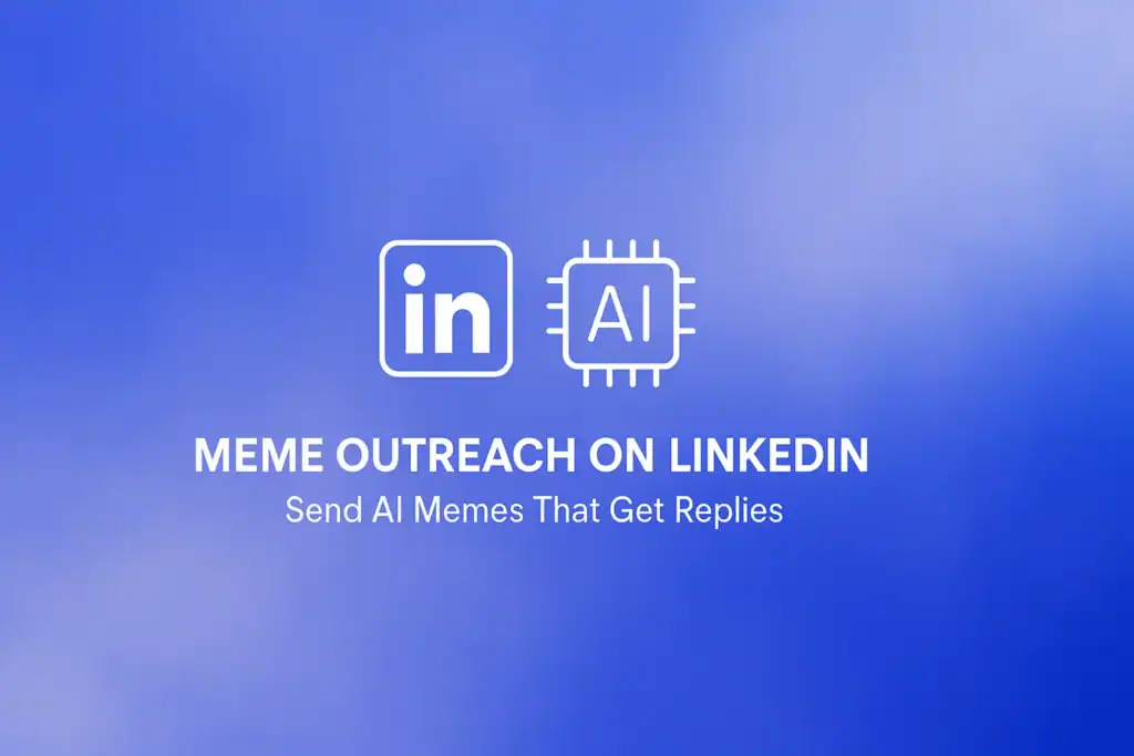 **Style E - Centered Icon Minimal:** "Meme Outreach on LinkedIn: Send AI Memes That Get Replies - 2560x1440px, white centered LinkedIn and AI icon combo in minimalistic line art style, soft cloudy gradient blending #3657D5 royal blue, light periwinkle, pale azure, and deep navy, dreamy atmospheric aesthetic, 80px padding from all sides, NOT transparent, clean abstract composition --ar 16:9"