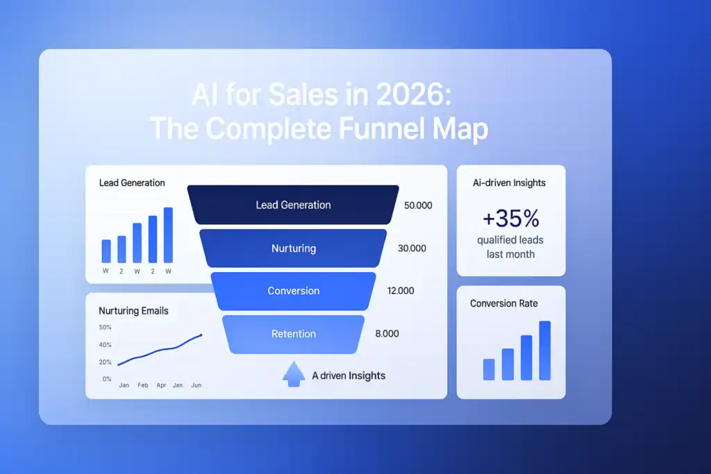 **Style B - Dashboard/Analytics:** "AI for Sales in 2026: The Complete Funnel Map - 2560x1440px, centered white headline (72-80px bold) with generous padding, floating UI dashboard with a complete sales funnel map showing stages like Lead Generation, Nurturing, Conversion, and Retention, bar charts, and AI-driven insights, clean minimal software interface with meaningful analytics, soft cloudy gradient background blending #3657D5, periwinkle, and deep blue, 80px padding from all sides, NOT transparent, professional data-driven aesthetic --ar 16:9" **Gradient Colors**: - Light tones: Sky blue, periwinkle (#A8BCFF), pale azure - Core: #3657D5 (brand blue) - Deep tones: Navy (#1E3A8A), deep cobalt, midnight blue