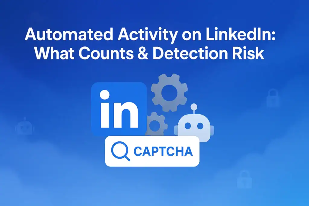 "Automated Activity on LinkedIn: What Counts & Detection Risk - 2560x1440px, large white headline text centered at the top (72-80px bold, sans-serif), beneath it an icon illustrating a LinkedIn logo intertwined with captcha symbols and robotic gears, representing automation and detection. Background should feature a soft cloudy gradient blending shades of #3657D5, sky blue, and deep navy, giving a dreamy, atmospheric feel. Place minimalistic tech icons (like small robots or lock symbols) subtly within the gradient to show complexity of automation versus detection. Maintain 80px padding from all sides, ensuring a clean, modern, uncluttered composition. Ensure the background is NOT transparent --ar 16:9"