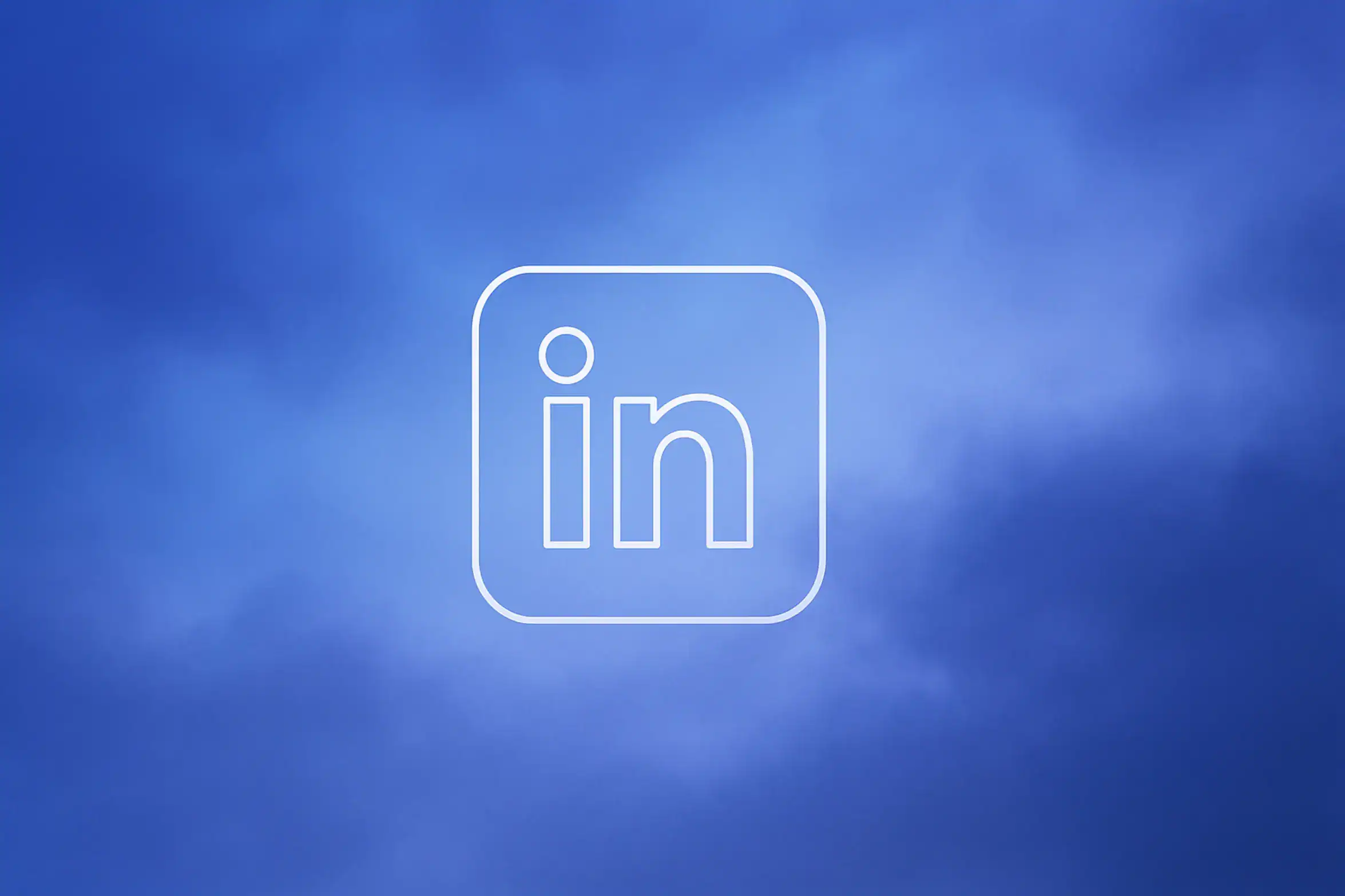**Style E - Centered Icon Minimal:** "LinkedIn Automation Tool That Actually Works | 2026 Guide - 2560x1440px, single large white LinkedIn icon centered (minimalistic line art style), soft cloudy gradient blending #3657D5 royal blue, light periwinkle, pale azure, and deep navy, dreamy atmospheric aesthetic, 80px padding from all sides, NOT transparent, clean abstract composition --ar 16:9"