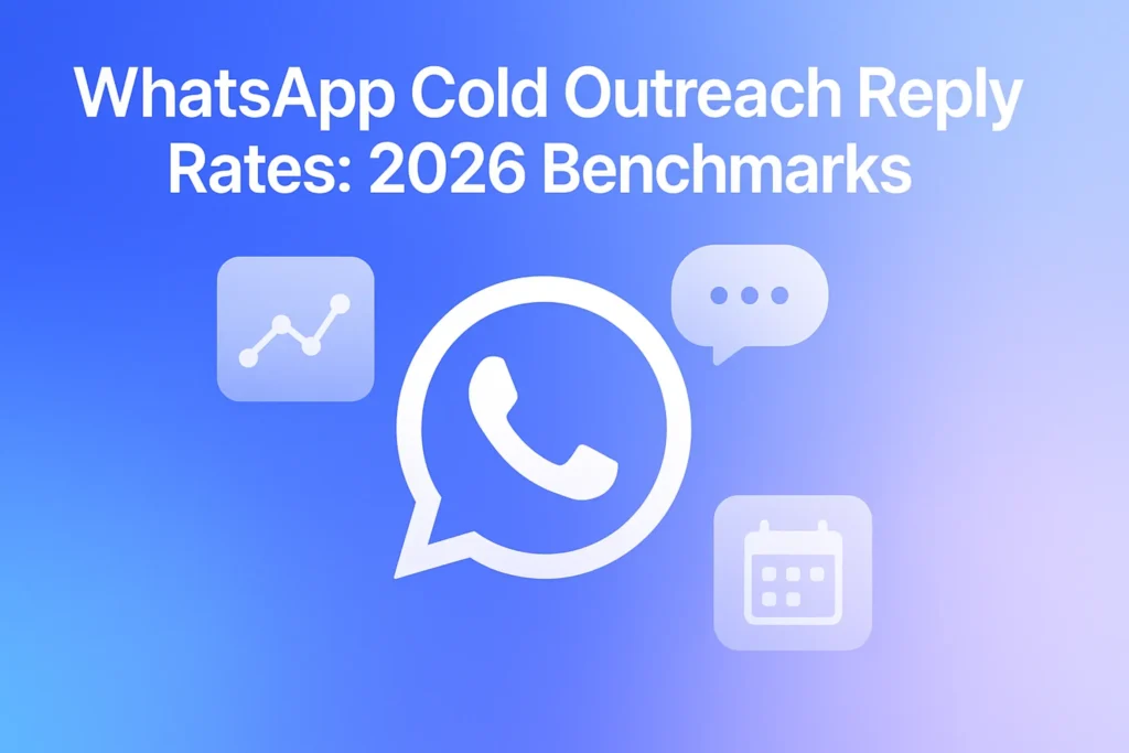 "WhatsApp Cold Outreach Reply Rates: 2026 Benchmarks - 2560x1440px, large white headline (72-80px bold) at the top with generous padding, central graphic featuring a minimalist WhatsApp icon surrounded by floating analytics icons (reply rate chart, message bubble, calendar), atmospheric soft gradient background blending #3657D5 royal blue, periwinkle, and light azure tones, dreamy and airy aesthetic, 80px padding from all sides, NOT transparent, clean and data-focused composition --ar 16:9"
