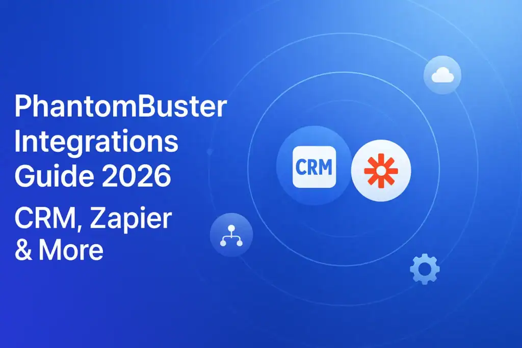 **Style A - Orbital/Icon Design:** "PhantomBuster Integrations Guide 2026: CRM, Zapier & More - 2560x1440px, large white headline (72-80px bold) on left with generous padding, CRM and Zapier icons at center surrounded by concentric circular orbits with floating integration icons (cloud, automation, gear), minimalistic orbital diagram with meaningful tech icons, soft gradient background blending #3657D5 royal blue, light azure, and navy tones, 80px padding from all sides, NOT transparent, dreamy atmospheric aesthetic --ar 16:9" **Gradient Color Palette**: - **Light tones**: Sky blue, periwinkle (#A8BCFF), pale azure - **Core**: #3657D5 (brand blue) - **Deep tones**: Navy (#1E3A8A), deep cobalt, midnight blue