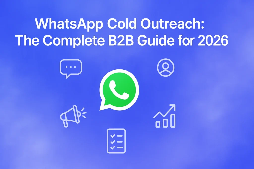 "WhatsApp Cold Outreach: The Complete B2B Guide for 2026 - 2560x1440px, large white headline (72-80px bold) centered at the top with generous padding, WhatsApp icon prominently featured in the center surrounded by minimalistic floating icons representing business communication, outreach tactics, and analytics, soft cloudy gradient background blending #3657D5 royal blue, periwinkle, and light azure tones, dreamy atmospheric aesthetic, 80px padding from all sides, NOT transparent, clean, modern minimalist design --ar 16:9"