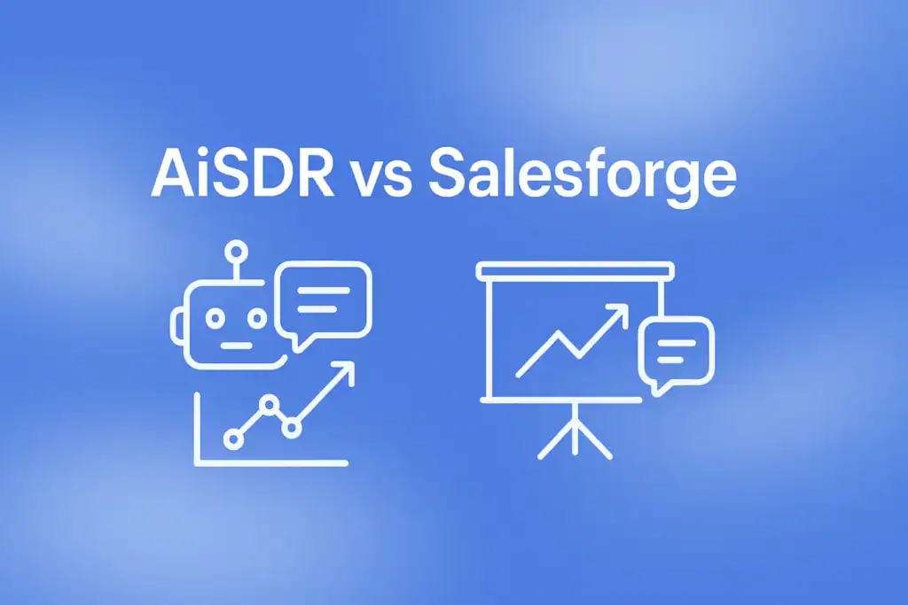 **Image Generation Prompt:** "2560x1440px canvas, headline 'AiSDR vs Salesforge' in large white bold font size 72-80px, centered with plenty of space around, minimalistic icon representation for both AiSDR and Salesforge - use simple line art style, incorporate elements like arrows, graphs, and chat bubbles for each to symbolize AI SDR functionalities, soft cloudy gradient background blending shades of #3657D5 (sky blue, royal blue, navy, periwinkle), positioned with 80-100px padding from all sides, clean and modern look, dreamy atmospheric aesthetic --ar 16:9"