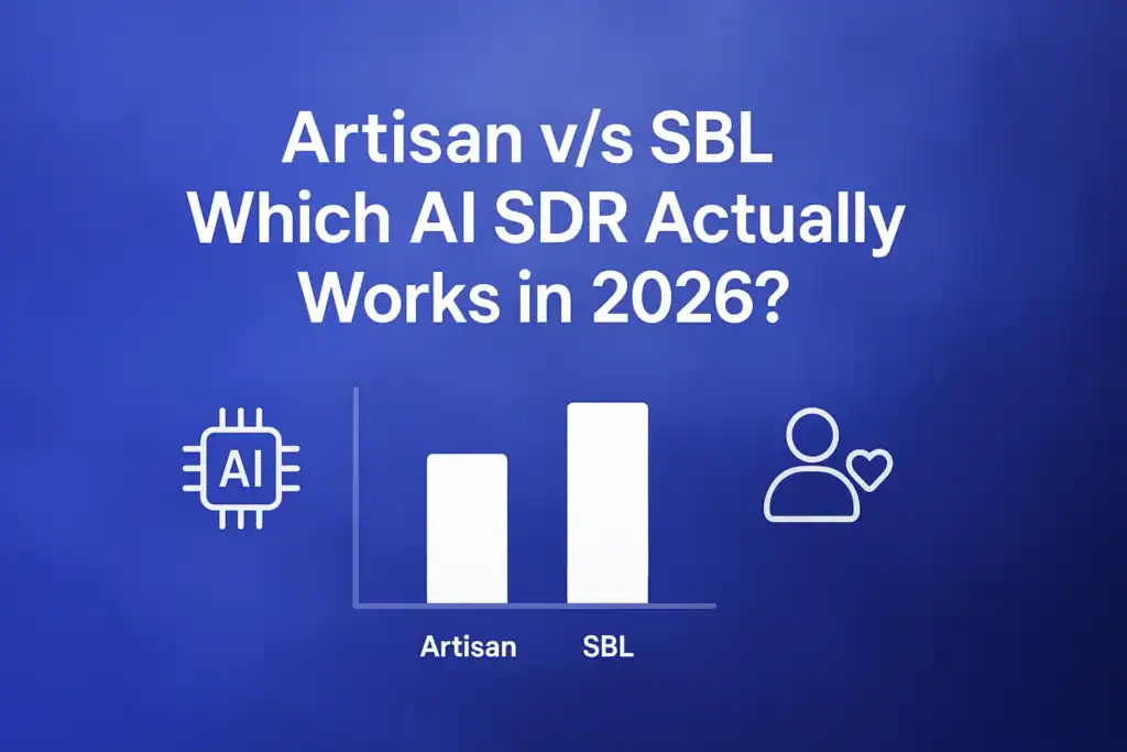 **Prompt**: "Artisan v/s SBL - Which AI SDR Actually Works in 2026? - 2560x1440px, centered bold white headline (72-80px), with 'Artisan v/s SBL' as the main focus, simple bar or line graph comparing performance metrics of AI SDR tools beneath headline, meaningful minimalistic tech icons representing AI capabilities and user engagement, soft cloudy gradient background blending #3657D5 royal blue, light periwinkle, and deep navy tones, 80px padding from all sides, NOT transparent, clean modern aesthetic --ar 16:9"