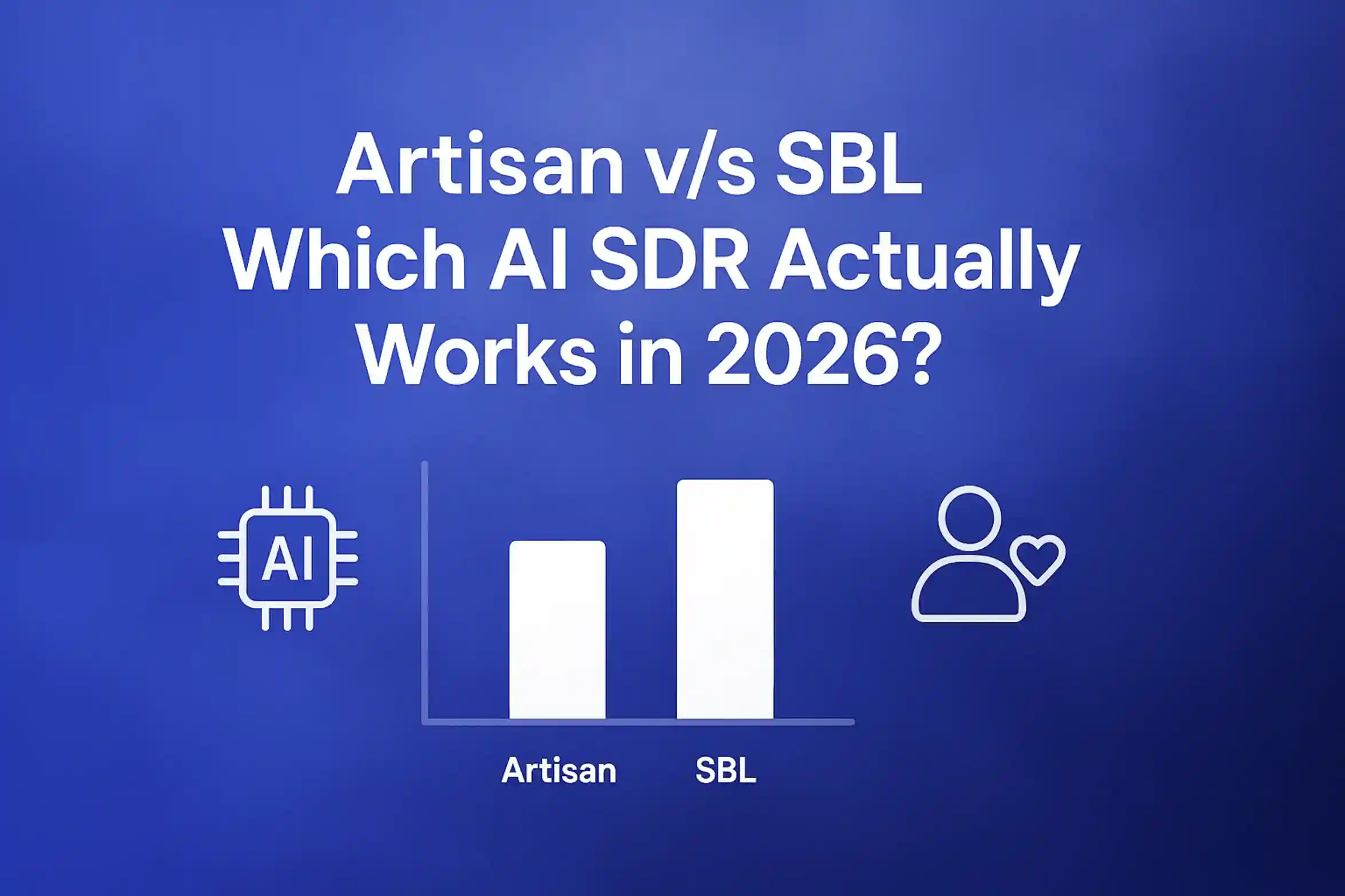 **Prompt**: "Artisan v/s SBL - Which AI SDR Actually Works in 2026? - 2560x1440px, centered bold white headline (72-80px), with 'Artisan v/s SBL' as the main focus, simple bar or line graph comparing performance metrics of AI SDR tools beneath headline, meaningful minimalistic tech icons representing AI capabilities and user engagement, soft cloudy gradient background blending #3657D5 royal blue, light periwinkle, and deep navy tones, 80px padding from all sides, NOT transparent, clean modern aesthetic --ar 16:9"