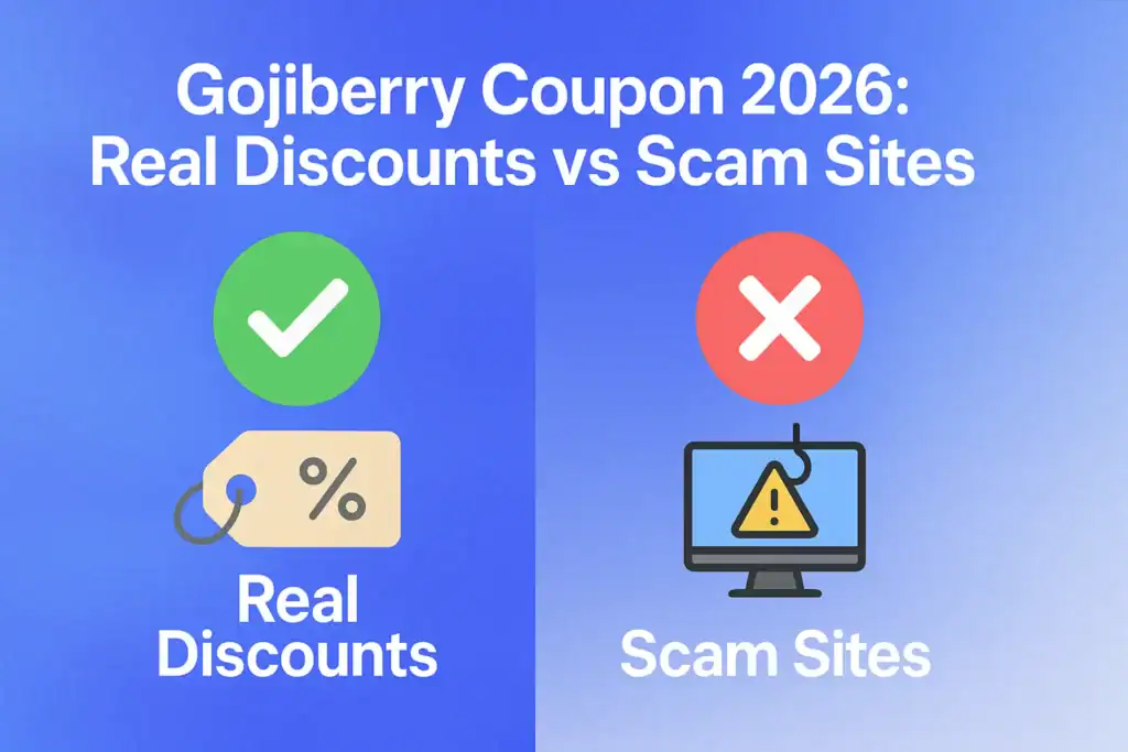"Real Discounts vs Scam Sites - 2560x1440px, bold white headline (72-80px) reading 'Gojiberry Coupon 2026: Real Discounts vs Scam Sites' centered, two contrasting halves - left side with a green checkmark icon and a discount tag for 'Real Discounts', right side with a red cross icon and a phishing alert for 'Scam Sites', simple and clear iconography to depict trust and caution, soft cloudy gradient background blending #3657D5 royal blue with light sky blue and periwinkle tones, 80px padding from all sides, NOT transparent, modern clean aesthetic --ar 16:9"