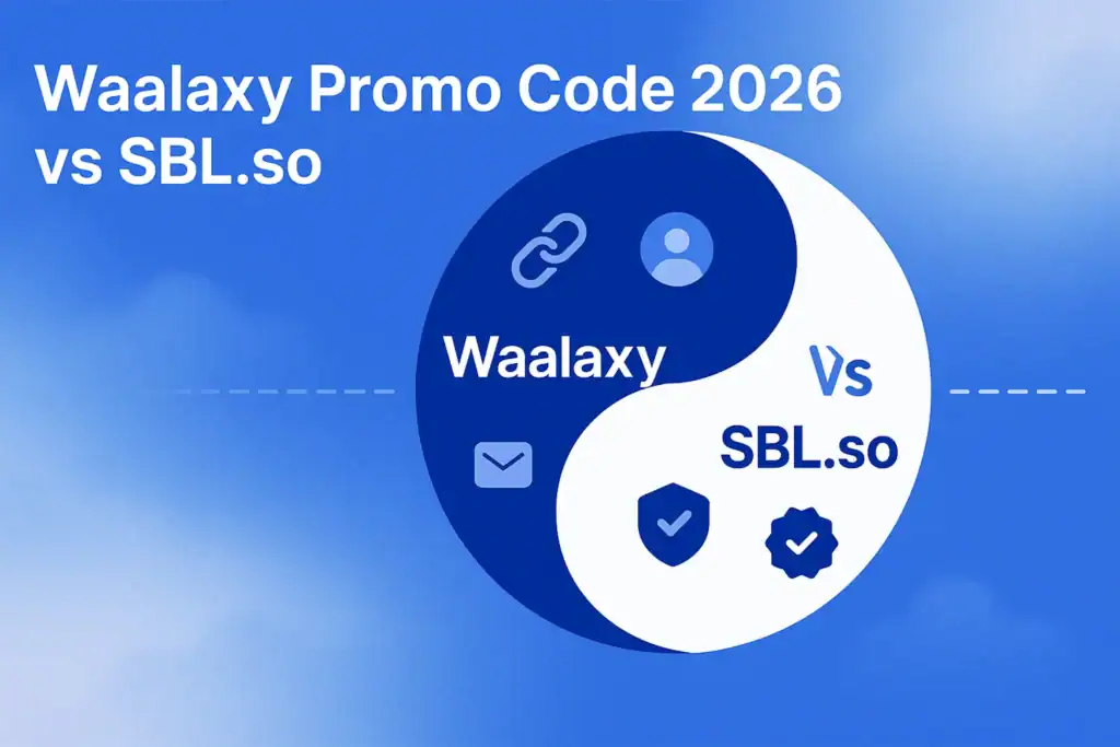 **Style F - Comparison Blog Cover:** "Waalaxy Promo Code 2026 v/s SBL.so - 2560x1440px, bold white headline (72-80px bold) on the top left, yin-yang style illustration with one side depicting Waalaxy as textual icons and the other side representing SBL.so, icons like shield, badge, or trust symbol on SBL.so side, dashed line separating the two, soft cloudy gradient background blending around #3657D5 with light azure and navy, 80px padding from all sides, NOT transparent, clean comparative aesthetic --ar 16:9"