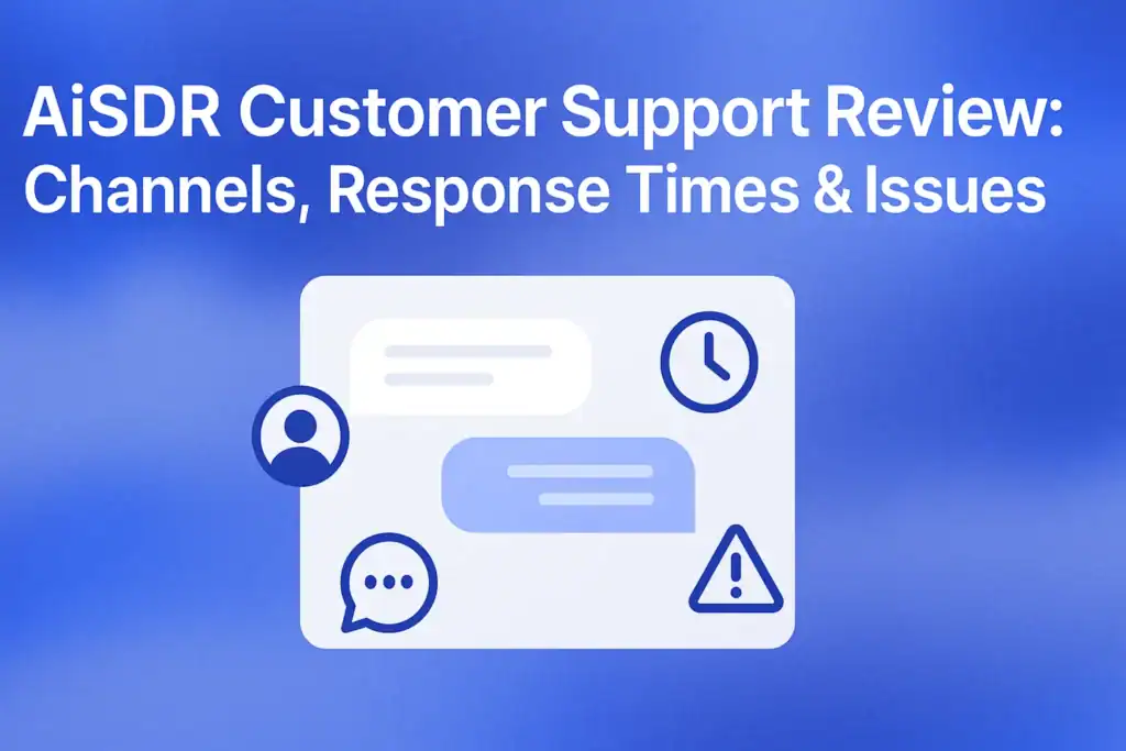 "Create a minimalistic blog featured image titled 'AiSDR Customer Support Review: Channels, Response Times & Issues' - 2560x1440px with large white headline (72-80px bold) at the top left with generous padding. Illustrate a stylized help desk UI mockup in the center featuring chat bubbles, clock icons, and issue tracking symbols. Use a soft cloudy gradient blending #3657D5 royal blue, light periwinkle, and navy tones for the background. Ensure the dreamy, atmospheric aesthetic and maintain 80px padding from all sides. The final image should be clean and modern, NOT transparent. Use meaningful icons to convey customer support elements. --ar 16:9"