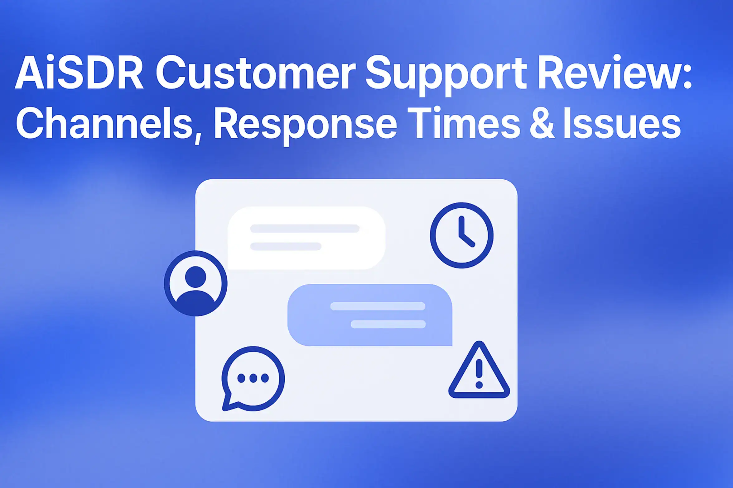 "Create a minimalistic blog featured image titled 'AiSDR Customer Support Review: Channels, Response Times & Issues' - 2560x1440px with large white headline (72-80px bold) at the top left with generous padding. Illustrate a stylized help desk UI mockup in the center featuring chat bubbles, clock icons, and issue tracking symbols. Use a soft cloudy gradient blending #3657D5 royal blue, light periwinkle, and navy tones for the background. Ensure the dreamy, atmospheric aesthetic and maintain 80px padding from all sides. The final image should be clean and modern, NOT transparent. Use meaningful icons to convey customer support elements. --ar 16:9"