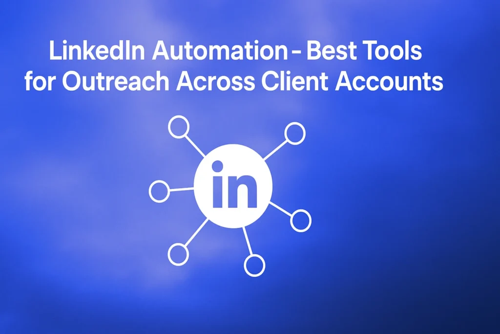 "LinkedIn Automation - Best Tools for Outreach Across Client Accounts - 2560x1440px, centered white headline (72-80px bold) describing 'LinkedIn Automation - Best Tools for Outreach Across Client Accounts', single large white LinkedIn icon centered, minimalistic line art style representing connection/network, soft cloudy gradient background blending #3657D5 royal blue, light periwinkle, pale azure, and deep navy, dreamy atmospheric aesthetic, 80px padding from all sides, NOT transparent, clean abstract composition --ar 16:9"