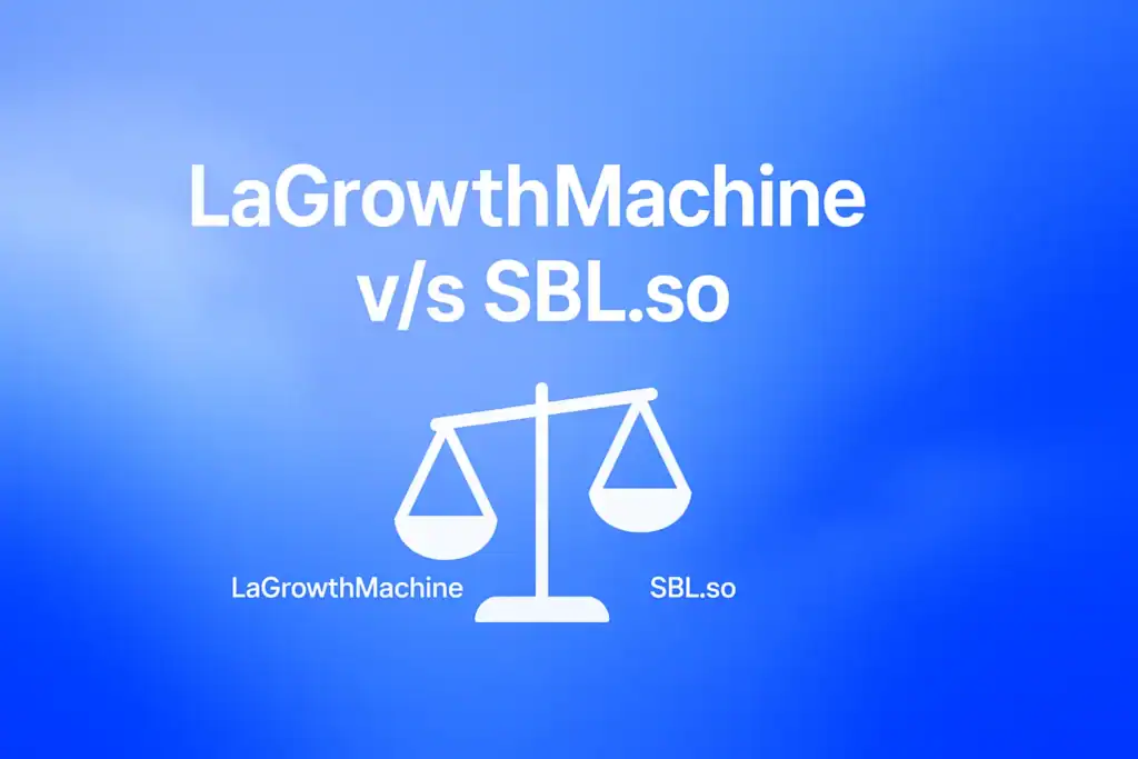 "**LaGrowthMachine v/s SBL.so** - 2560x1440px, central white headline (72-80px bold) with 'LaGrowthMachine v/s SBL.so', minimalistic style with an illustrative balance scale icon at center, one side labeled 'LaGrowthMachine', the other 'SBL.so', harmonious contrast using soft cloudy gradient blending #3657D5 sky blue, royal blue, and navy hues along with shades of periwinkle, clean layout with 80px padding from all sides, NOT transparent, dreamy atmospheric aesthetic --ar 16:9"