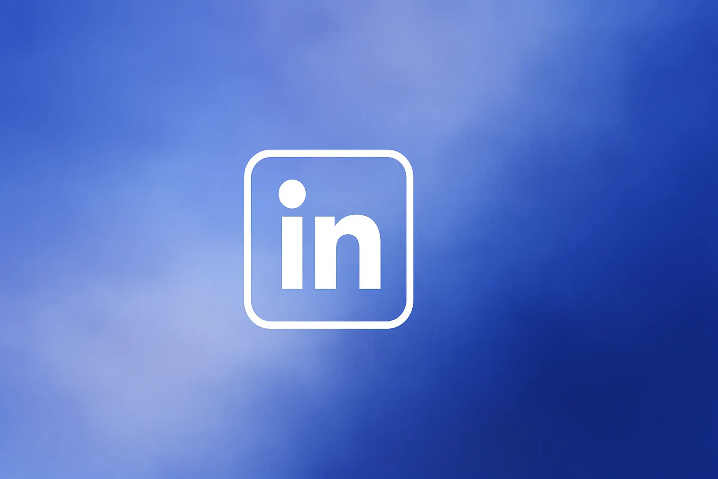 **Title**: LinkedIn Tools for Importing Leads from Sales Navigator **Style E - Centered Icon Minimal:** "Sales Navigator Lead Import Tool - LinkedIn Automation - 2560x1440px, single large white LinkedIn icon centered (minimalistic line art style), soft cloudy gradient blending #3657D5 royal blue, light periwinkle, pale azure, and deep navy, dreamy atmospheric aesthetic, 80px padding from all sides, NOT transparent, clean abstract composition --ar 16:9"