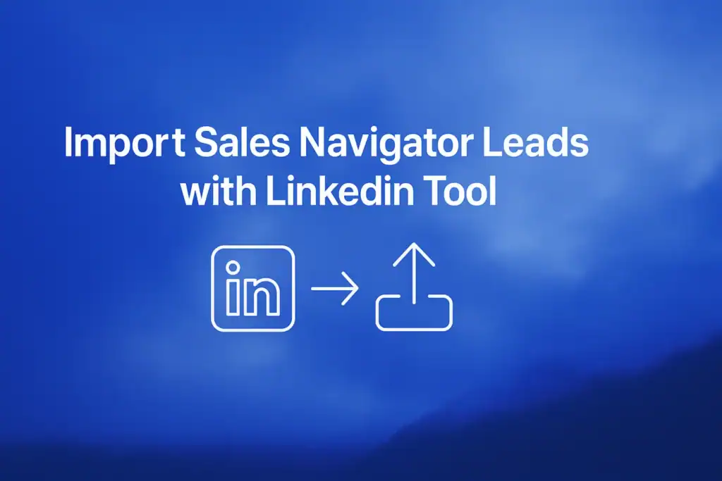 "Import Sales Navigator Leads with LinkedIn Tool - 2560x1440px, centered white headline (72-80px bold) with the key phrase 'Import Sales Navigator Leads' highlighted, centered minimalistic LinkedIn and import icons integrated into a clean line art style, soft cloudy gradient background blending #3657D5 royal blue with light sky blue and deep navy tones for contrast, maintain 80px padding from all sides for balance, NOT transparent, modern and dreamy atmospheric aesthetic --ar 16:9"