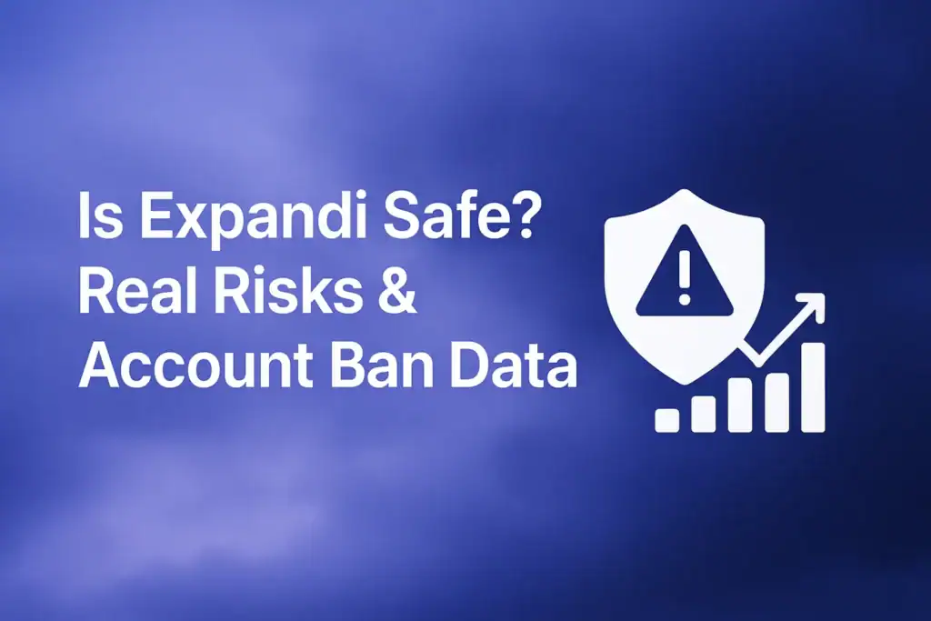 "Is Expandi Safe? Real Risks & Account Ban Data 2026 - 2560x1440px, centered white headline (72-80px bold), floating icon of a shield with alert symbol at center, adjacent to a bar graph representing data analysis, clean minimalistic design highlighting security and data, soft cloudy gradient background blending #3657D5 royal blue, periwinkle, and deep navy, dreamy atmospheric aesthetic, 80px padding from all sides, NOT transparent, professional data-focused composition --ar 16:9"