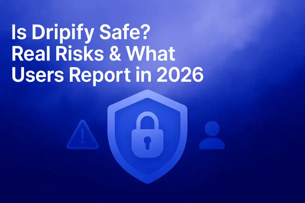 **Prompt for Image Generation:** "Is Dripify Safe? Real Risks & What Users Report in 2026 - 2560x1440px, bold white headline (72-80px) at the top left corner with ample padding, centered abstract illustration of a shield or lock symbolizing safety and security, dreamy cloudy gradient background blending #3657D5 royal blue, periwinkle, and deep navy tones, subtle elements like warning symbols or minimalistic user icons to denote user feedback, 80px padding from all sides, NOT transparent, clean modern aesthetic --ar 16:9" **Gradient Color Palette**: - **Light tones**: Sky blue, periwinkle (#A8BCFF), pale azure - **Core**: #3657D5 (brand blue) - **Deep tones**: Navy (#1E3A8A), deep cobalt, midnight blue