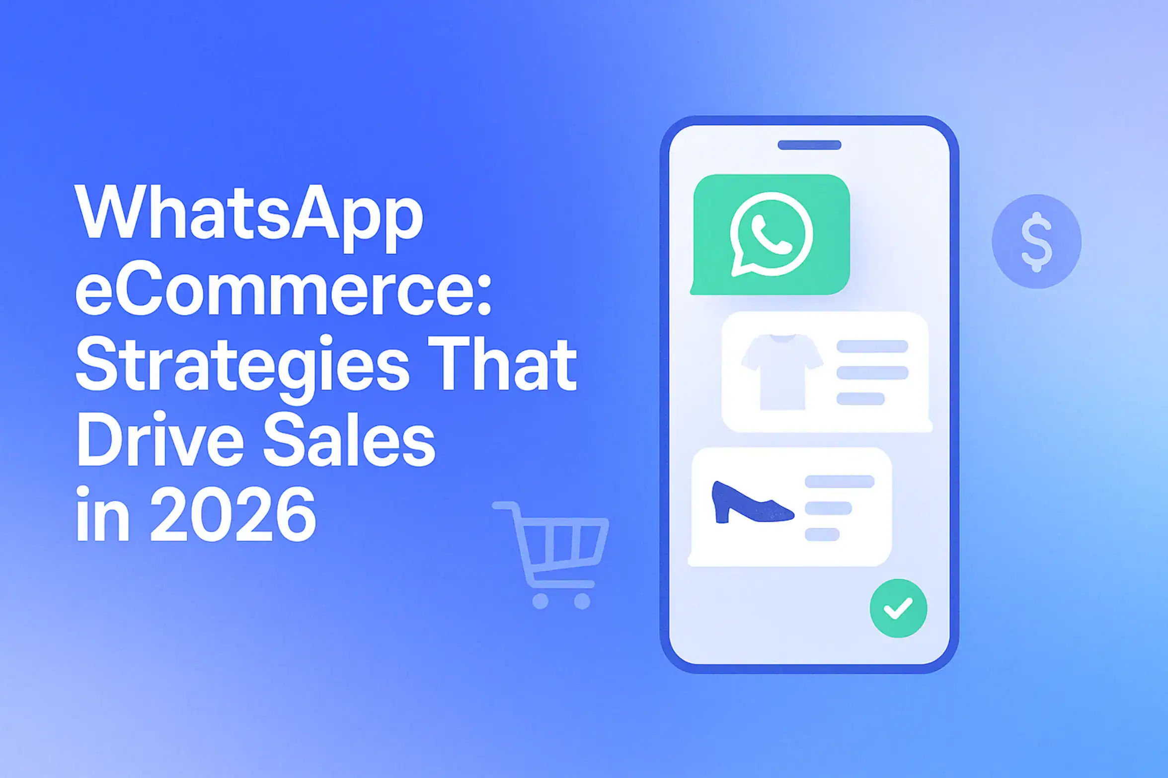 "WhatsApp eCommerce: Strategies That Drive Sales in 2026 - 2560x1440px, large white headline (72-80px bold) slightly to the left with generous padding, central graphic of a mobile device displaying a WhatsApp chat interface with product listings, surrounded by floating shopping cart and dollar sign icons representing eCommerce, minimalistic yet impactful illustration style, soft gradient background blending #3657D5 royal blue, light azure and periwinkle, dreamy atmospheric aesthetic, 80px padding from all sides, NOT transparent, conveys innovative digital marketing strategies --ar 16:9"