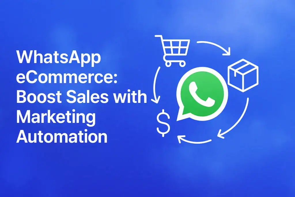 "WhatsApp eCommerce: Boost Sales with Marketing Automation - 2560x1440px, large white headline (72-80px bold) on left with ample padding, central focus on a WhatsApp icon surrounded by streamlined ecommerce icons (shopping cart, dollar sign, delivery box), depicting a seamless marketing automation flow, soft cloudy gradient background blending shades around #3657D5 royal blue, light azure, and navy, dreamy atmospheric aesthetic, 80px padding from all sides, NOT transparent --ar 16:9"