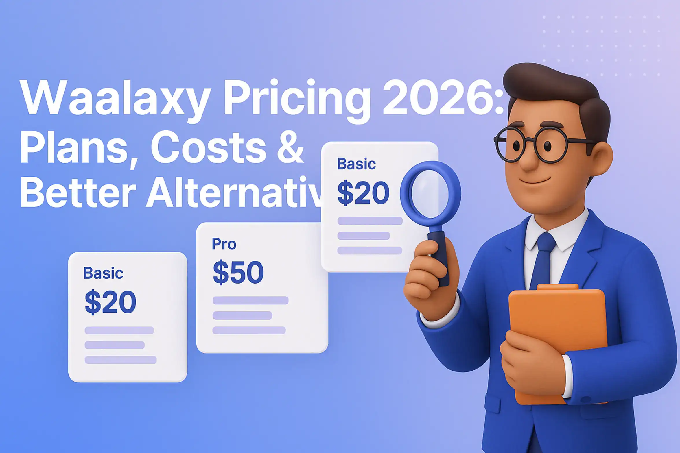 **Style C - 3D Character Illustration:** "Waalaxy Pricing 2026: Plans, Costs & Better Alternatives - 2560x1440px, bold headline (72-80px) with key phrase 'Waalaxy Pricing 2026' highlighted, 3D professional character on right analyzing pricing plans displayed on floating UI cards, soft gradient background blending light blue (#E8EAF6), #3657D5, and lavender tones, subtle dot pattern accent, 80px padding from all sides, NOT transparent, modern friendly aesthetic --ar 16:9"