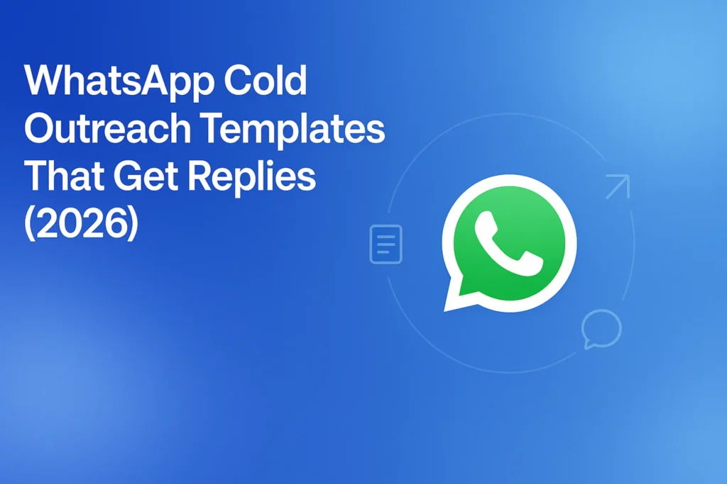 "WhatsApp Cold Outreach Templates That Get Replies (2026) - 2560x1440px, large white headline (72-80px bold) top left with spacious padding, central floating WhatsApp icon surrounded by minimalistic tech symbols (note, send message, arrow), clean undistracted layout with icons aligned in an orbit, soft gradient blending #3657D5 royal blue, light azure, and navy tones, light atmospheric accents for an engaging aesthetic, 80px padding from all sides, NOT transparent, dreamy yet professional look --ar 16:9"