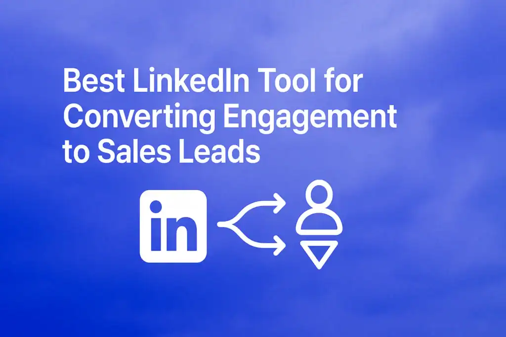 "Best LinkedIn Tool for Converting Engagement to Sales Leads - 2560x1440px, large white headline (72-80px bold) centered on image, minimalist LinkedIn icon with connecting arrows symbolizing engagement to leads, soft cloudy gradient background blending #3657D5 royal blue, light periwinkle, and deep navy, dreamy atmospheric aesthetic, 80px padding from all sides, NOT transparent, clean modern design --ar 16:9"