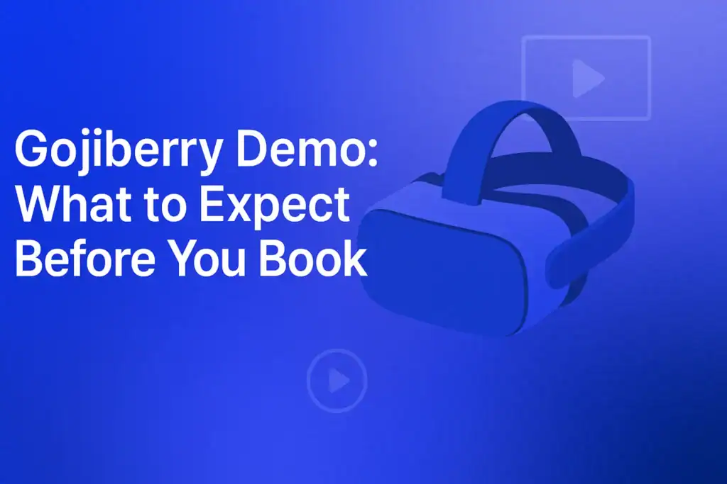 "Create a minimalistic blog featured image for 'Gojiberry Demo: What to Expect Before You Book' - 2560x1440px, large white headline (72-80px bold) positioned slightly left for balance with generous padding, simple illustration of a demo headset or VR goggles centered, indicating an interactive preview, soft gradient background blending #3657D5 royal blue, light periwinkle, and navy tones for a dreamy and atmospheric look, subtle icon accents like play buttons or demo screens floating around the centerpiece, maintain 80px padding from all sides, NOT transparent, modern and immersive aesthetic --ar 16:9"