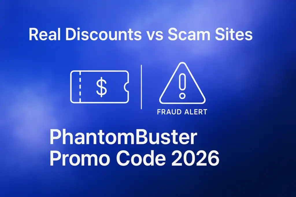 **Style E - Comparison Blog:** "Real Discounts vs Scam Sites - 2560x1440px, centered white headline (72-80px bold), large white text with 'PhantomBuster Promo Code 2026', minimalistic central icon contrasting a valid promo code with a 'fraud alert' symbol, soft cloudy gradient blending #3657D5 royal blue, light periwinkle, and deep navy, dreamy atmospheric aesthetic, 80px padding from all sides, NOT transparent, clean abstract composition --ar 16:9"