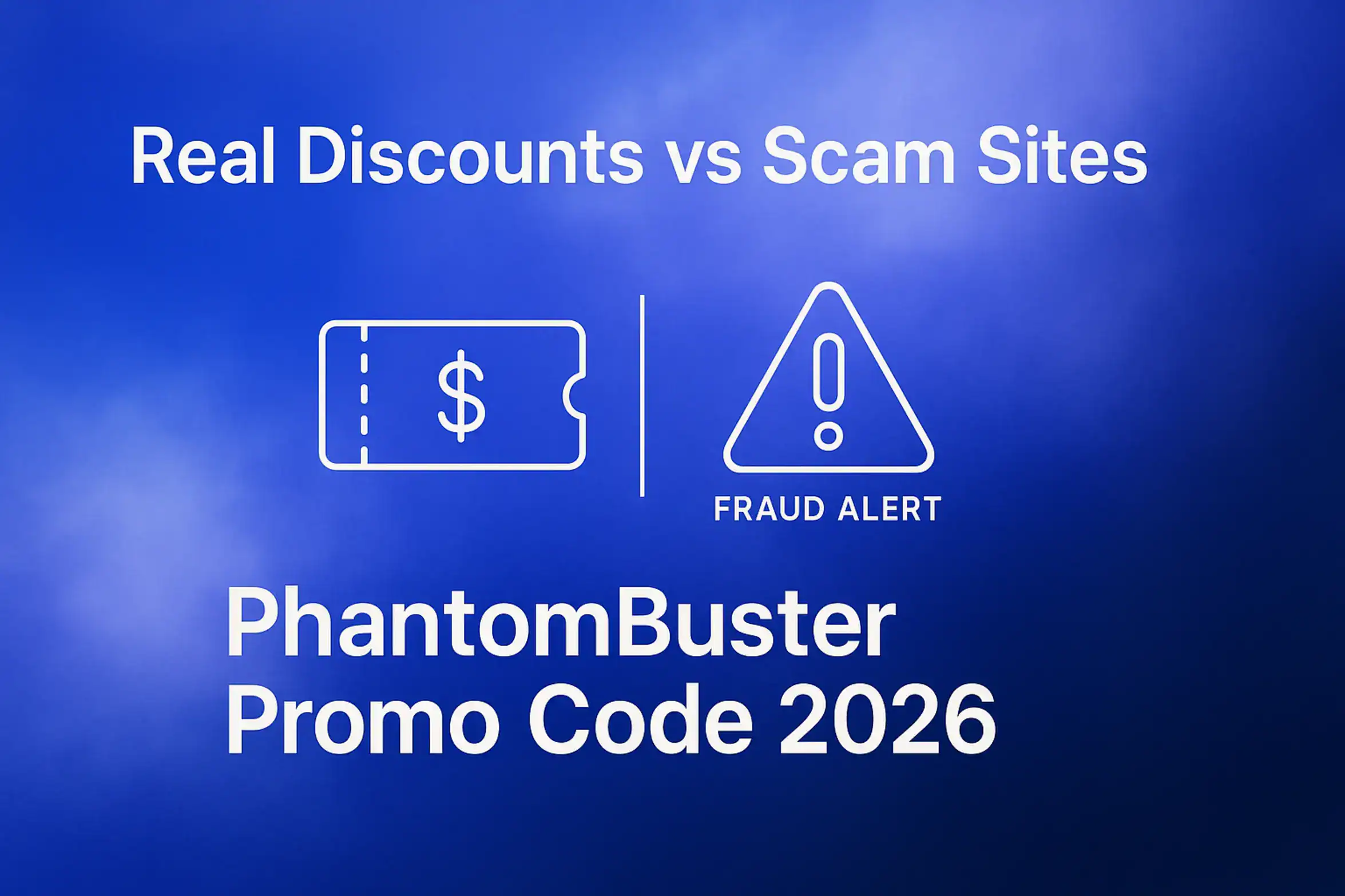 **Style E - Comparison Blog:** "Real Discounts vs Scam Sites - 2560x1440px, centered white headline (72-80px bold), large white text with 'PhantomBuster Promo Code 2026', minimalistic central icon contrasting a valid promo code with a 'fraud alert' symbol, soft cloudy gradient blending #3657D5 royal blue, light periwinkle, and deep navy, dreamy atmospheric aesthetic, 80px padding from all sides, NOT transparent, clean abstract composition --ar 16:9"
