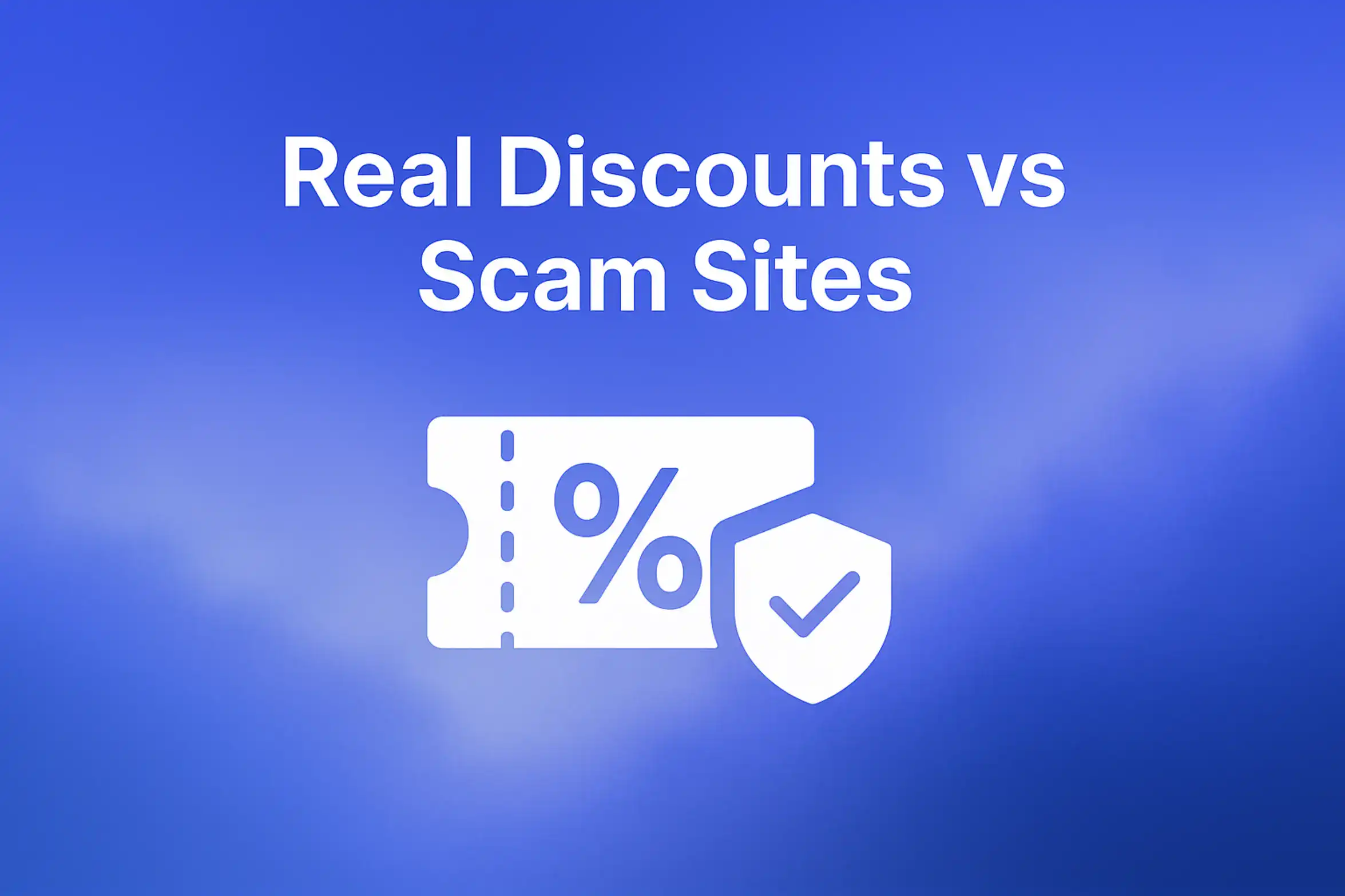 **Style E - Centered Icon Minimal:** "LaGrowthMachine Coupon 2026: Real Discounts vs Scam Sites - 2560x1440px, single large white coupon and shield icons centered in minimalistic style, headline text 'Real Discounts vs Scam Sites' in bold white font on top, soft cloudy gradient blending #3657D5 royal blue, light periwinkle, pale azure, and deep navy, dreamy atmospheric aesthetic, 80px padding from all sides, NOT transparent, clean abstract composition --ar 16:9"