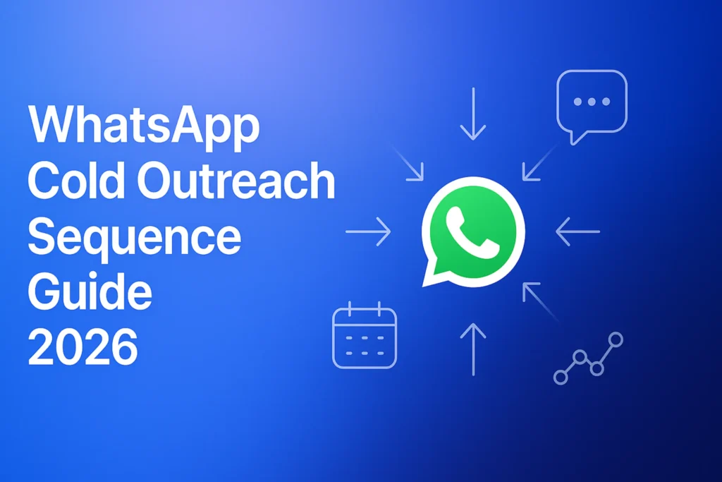 "WhatsApp Cold Outreach Sequence Guide 2026 - 2560x1440px, large white headline (72-80px bold) on the left with ample padding, central WhatsApp icon surrounded by minimalistic line art arrows pointing outward representing sequence flow, floating tech icons (messages, calendar, analytics) around orbit, soft dreamy gradient background blending shades of #3657D5 royal blue, light periwinkle, and deep navy, 80px padding from all sides, NOT transparent, modern and engaging composition --ar 16:9"