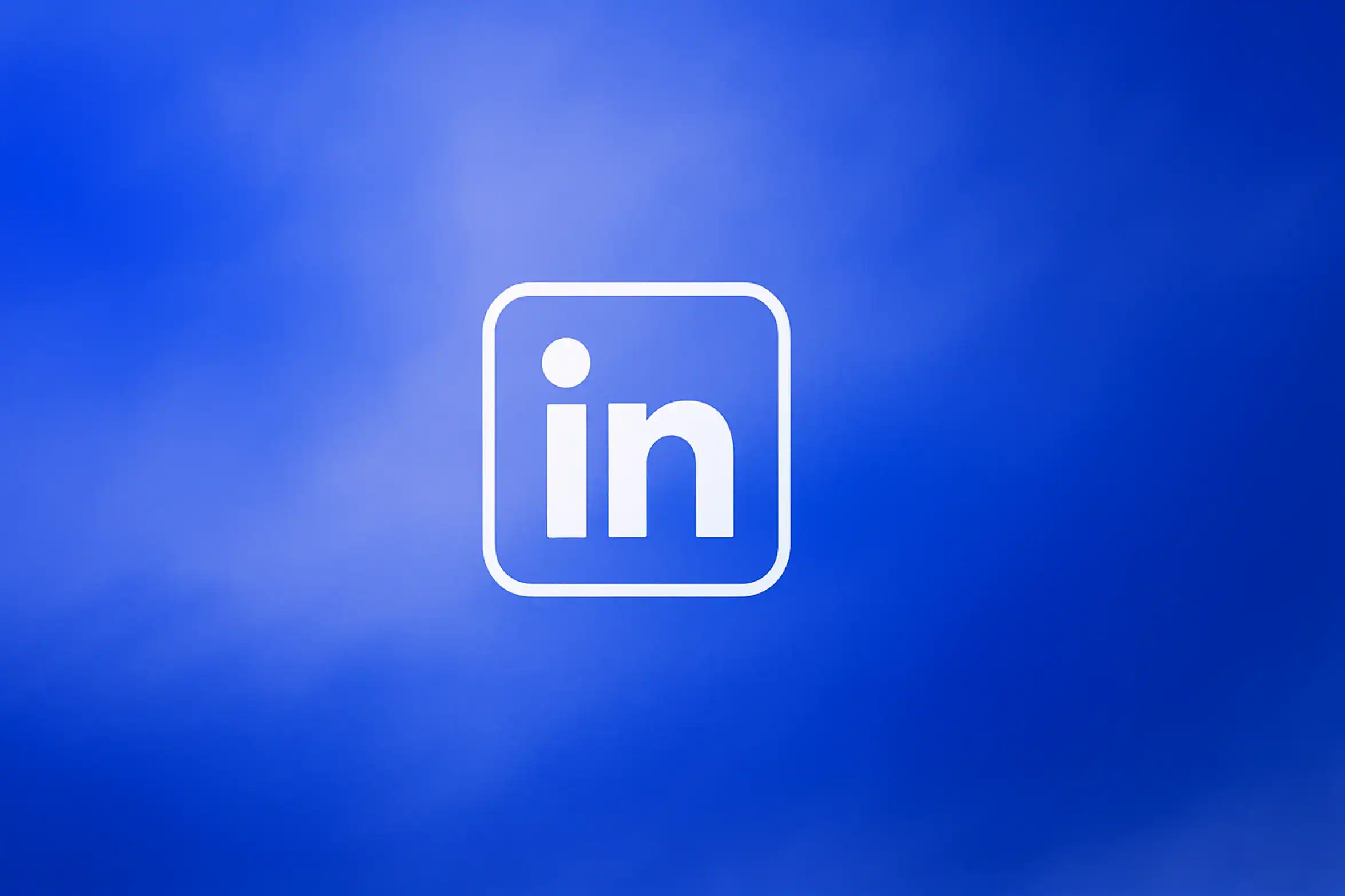**Style E - Centered Icon Minimal:** "How LinkedIn Automation Improves Sales Team Productivity - 2560x1440px, single large white LinkedIn icon centered (minimalistic line art style), soft cloudy gradient blending #3657D5 royal blue, light periwinkle, pale azure, and deep navy, dreamy atmospheric aesthetic, 80px padding from all sides, NOT transparent, clean abstract composition --ar 16:9"